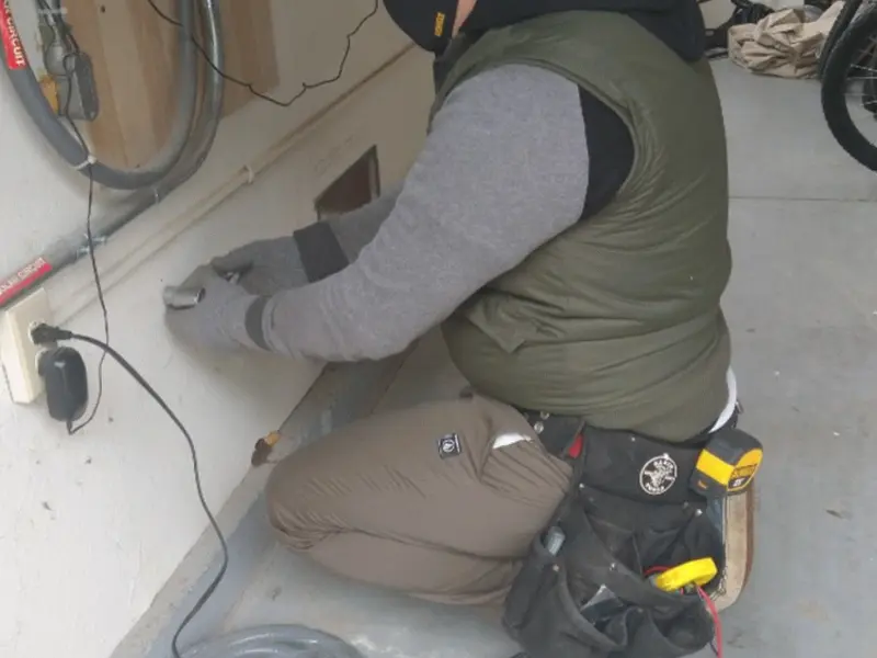 Electrician performing outlet wiring in a Wethersfield garage